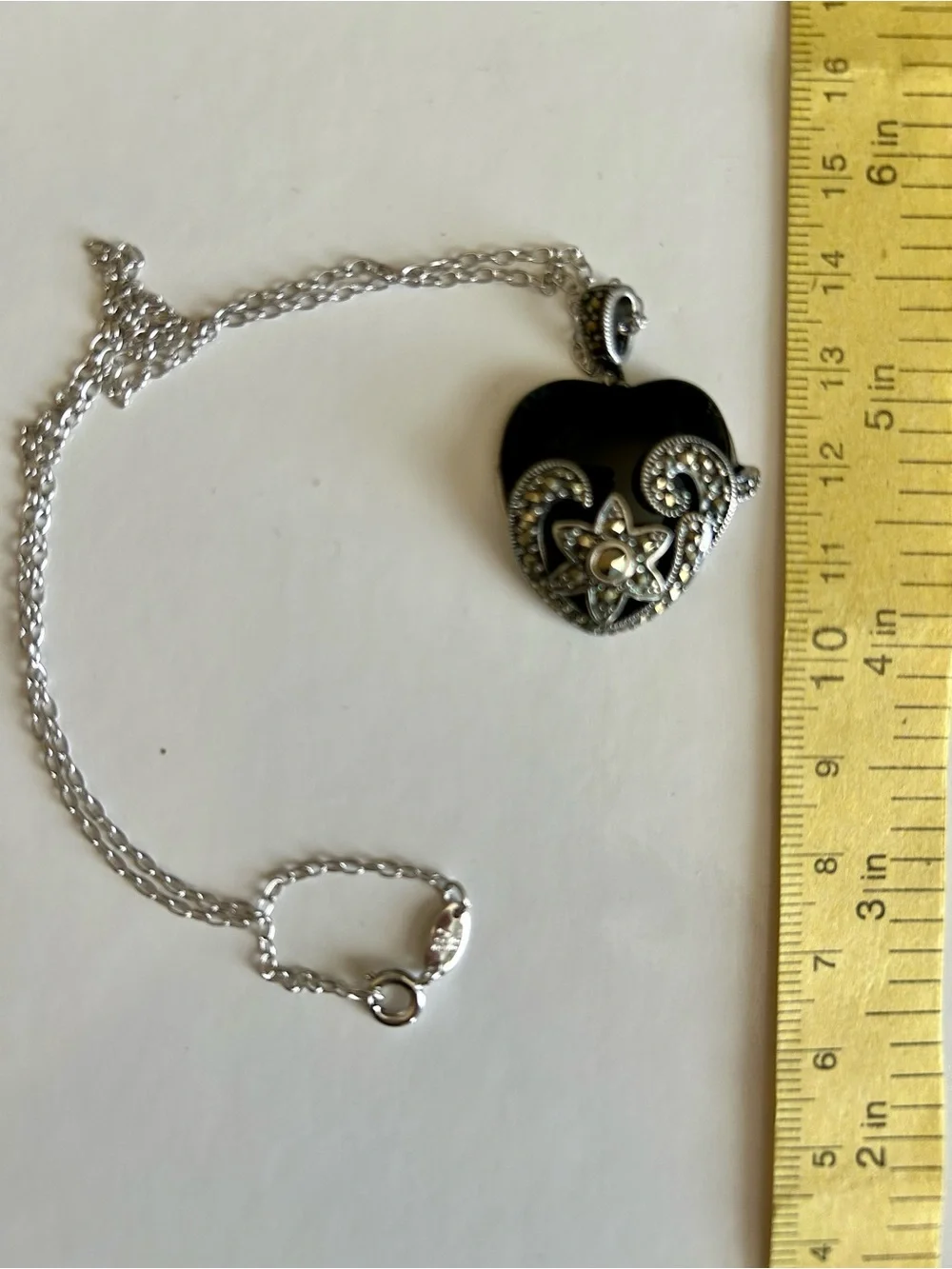 Black Onyx Marcasite Large Heart Pendant Necklace Rhodium Over Brass 🖤✨